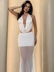 Conjunto de 2 piezas de color negro con cuello halter, escote en V sexy, espalda descubierta, sin mangas y falda larga, ideal para fiestas, carnavales, salidas nocturnas, citas, cumpleaños de mujer, elegancia elevada, imprescindible para fiestas, estilo vintage, comodidad urbana, estilo callejero, vestido de satén para graduación, conjunto de top con espalda descubierta, vestido de verano, vestido de vacaciones, vestidos de temporada de graduación - Blanco - Ver 4