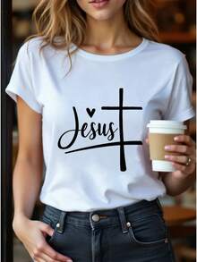 Camiseta deportiva de moda para mujer, de diseño simple y versátil, con un estampado de cruz de Jesús - mangas cortas elásticas, cuello redondo, lavable a máquina, apta para todas las estaciones, ideal para actividades diarias y de ocio al aire libre. Camiseta de algodón. - Blanco - Ver 2