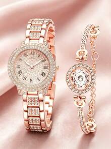 2pcs Fashion Rhinestone Stainless Steel Quartz Watch & Bracelet Set For Women - Rose Gold - View 4