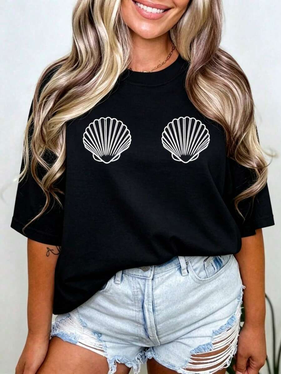 Camiseta Bikini de Concha Marina - Camiseta para Damas con Temática Oceánica - Camiseta Estilo Sirena - Camiseta Holgada Estilo Playa - Camiseta Estilo Crustaceancore - Estilo Vintage Playa - Camiseta Casual de Manga Corta para Despedida de Soltera, Camiseta de Algodón Grueso Clásica con Estampado Gráfico para Mujer - Negro - Ver 1
