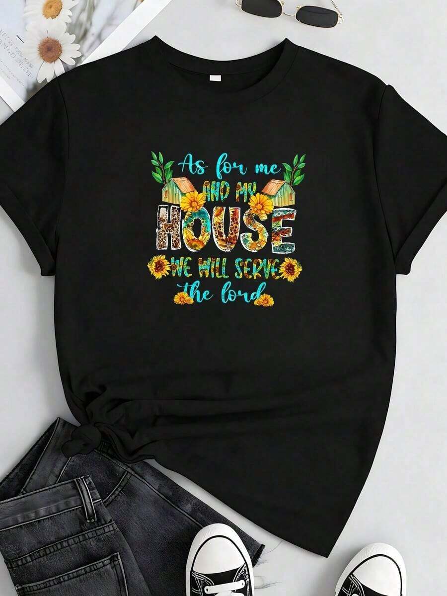 1 pieza Camiseta para mujer con frases sarcásticas "As For Me And My House", 180g, 100% algodón. - Negro 1 - Ver 1