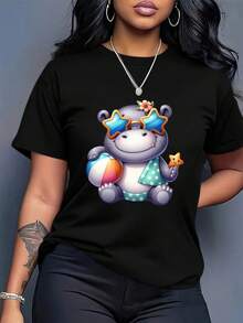 Oferta por tiempo limitado, cantidad limitada disponible,  relámpago, camisas de mujer, camisetas de mujer Camisetas de tallas grandes para mujer - Estampado de hipopótamo adorable con gafas de estrella y pelota de playa - Camisetas suaves y transpirables para el día a día en verano - Tallas hasta la 4XL - Ropa informal, perfecta para fiestas en la playa y un estilo relajado de fin de semana, camisetas de playa, diseño alegre, ajuste cómodo, ropa de vacaciones, material ligero, tops elegantes - Negro - Ver 2