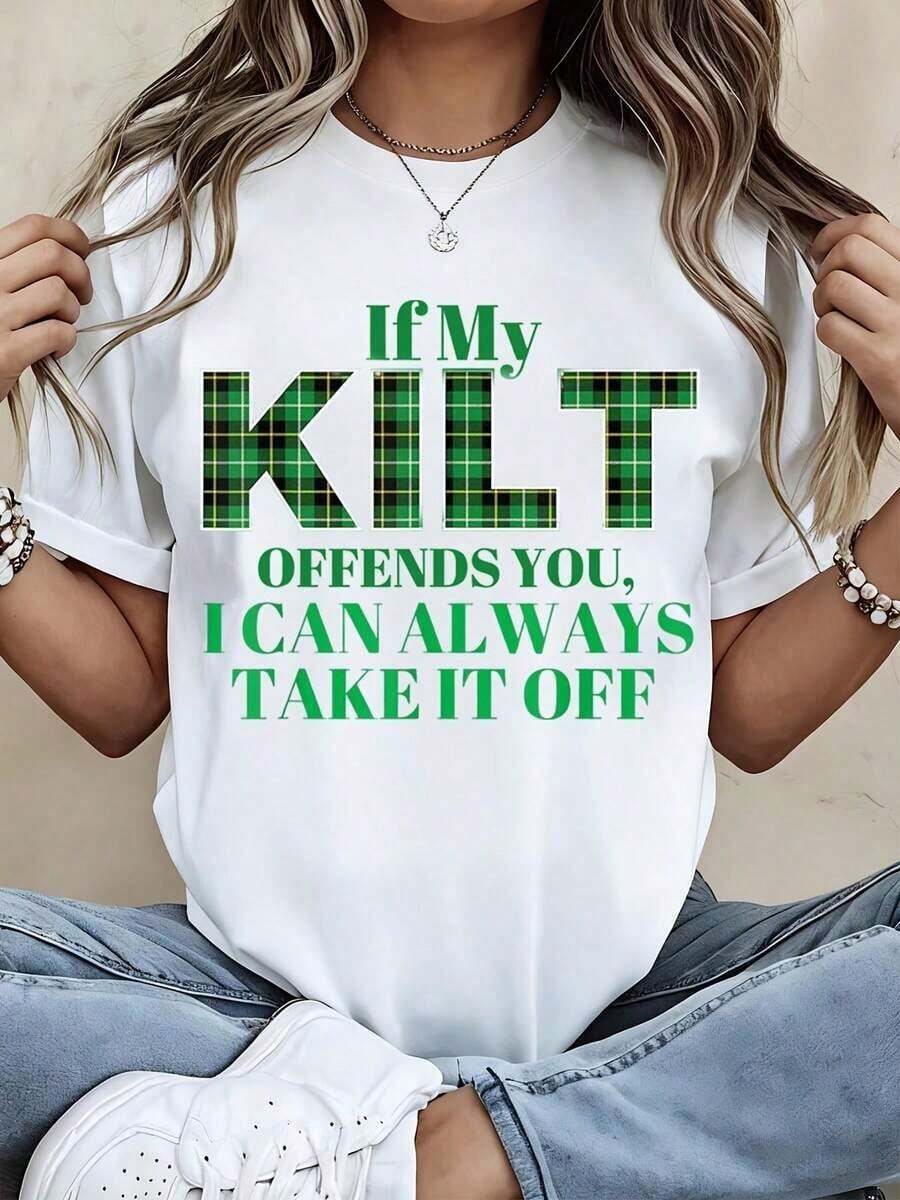Camiseta Casual para Mujer Blanca con Patrón de Tartán y Texto: Si mi kilt te ofende, siempre puedo quitármelo. Disfraz para Fiesta del Día de San Patricio. - Blanco - Ver 1