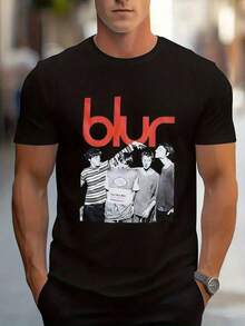 Camiseta Vintage Blur Band Tour para Hombre - Blanca con Estampado de Logotipo Rojo, Mercancía de Música Rock Británica, Camiseta Casual de Cuello Redondo para Conciertos y Uso Diario, Estilo de Banda Sonora Icónico para Fans - Negro - Ver 1