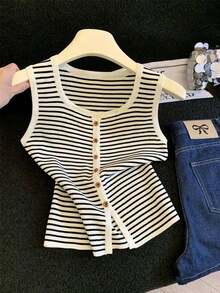 Chaqueta de Punto de Verano Casual y de Vacaciones con Estampado de Rayas y Decoración de Botones, Camiseta de Tirantes para Mujer - Blanco - Ver 8
