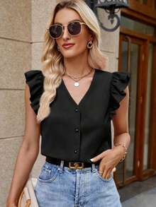 Camisa de mujer con cuello en V a rayas y mangas con volantes, camisas de verano para mujeres - Negro - Ver 1