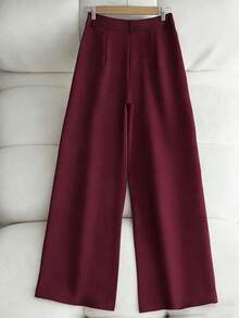 Pantalones casuales de mujer de unicolor con bolsillo y pliegues - Burdeos - Ver 2