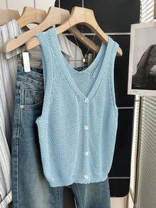 Nuevo chaleco de punto casual francés de verano, de punto sencillo con textura hueca, de atmósfera suave, diseño de capa para ir al trabajo/commute, elegante cárdigan de punto sin mangas con cuello en V en blanco neblina - Celeste - Ver 6