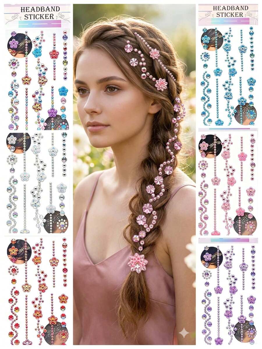 1pc 2pcs Flower Hair Stickers Face Jewels Set, Face Stickers, Face Gems, Hair Gems, Self-Adhesive Rhinestone Hair Gems & Floral Body Crystals, Coquette Fairycore Pearl Diamond Hair Accessories For Festival, Party, Prom, Rave - Multicolor - View 1