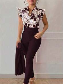 Clasi Women's Floral Print Flutter Sleeve Button-Up Shirt And Pants Elegant 2 Pieces Set (Belt Is Decorative) - Màu đỏ tím - Xem 3