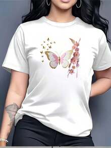 1 pieza de playera   corta 100% algodón, cuello redondo casual con estampado, mariposa floral Manga corta transpirable para uso diario - Blanco - Ver 1