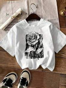 Short-Sleeve Letter Print T-Shirt, Casual Round Neck Short-Sleeve T-Shirt, Women's T-Shirts For Valentine's Day, Simple Graphic Print Summer Tops, Casual Mother's Day Gift. Suitable For Spring, Summer, And Autumn. - 白色 - 查看 6