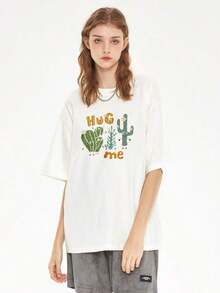Women's "HUG ME" Cactus Print Short Sleeve T-Shirt, Casual Loose Summer Top - Simple Graphic Print Summer T-Shirts, Casual Mother's Day Gift. Suitable For Spring, Summer, And Autumn. - 白色 - 查看 7