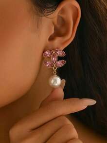 1 par de pendientes elegantes con cristal y perla falsa de diseño en forma de doble C, adecuados para uso diario, citas y reuniones, con un diseño gracioso y versátil - pendientes de perlas - Ver 10