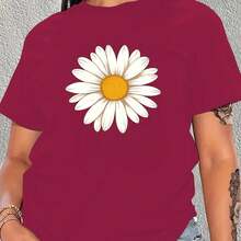 Camiseta de manga corta para mujer, disponible en cinco colores, presenta un diseño sencillo y elegante de girasol. El centro amarillo y los pétalos blancos aportan una sensación de calidez y frescura, perfecta para quienes aman la naturaleza y el estilo minimalista. - Rojo - Ver 3