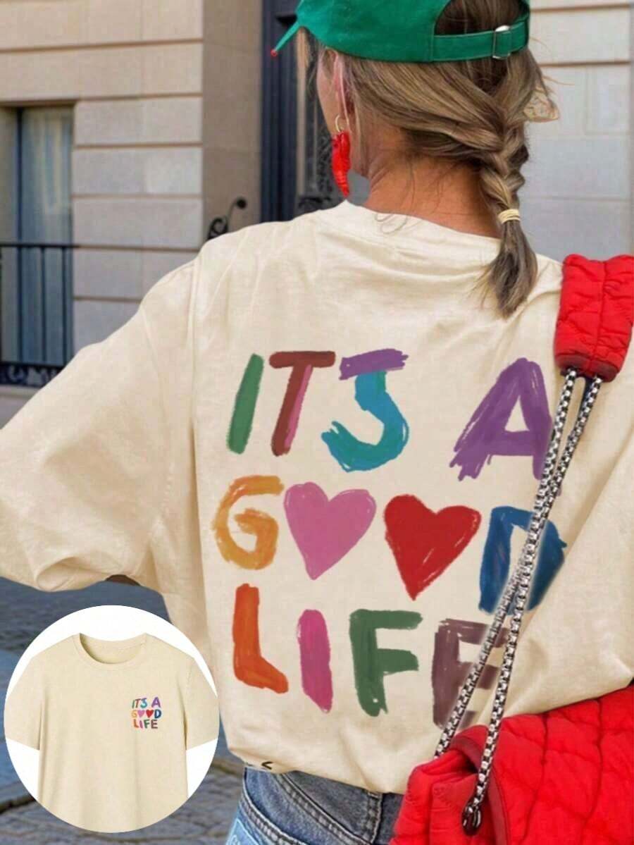 Nueva llegada 2026: Camiseta de manga corta con cuello redondo y estampado de eslogan colorido para mujer, nuevo estilo de verano, adecuada para uso diario. Vacaciones, Camiseta Gráfica para Mujer, Top Blanco para Mujer - Estilo Urbano Vintage, Unisex, Holgada, de Algodón, Manga Corta, Cuello Redondo, Tela Suave, Transpirable, a la Moda, 100% Algodón, Camiseta para Mujer de Uso Diario con Estampado Gráfico - Albaricoque - Ver 1