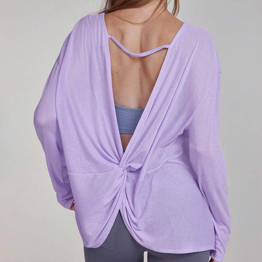 Top deportivo para mujer de manga larga con espalda descubierta y diseño de nudo, ideal para yoga, pilates y fitness - Morado - Ver 1