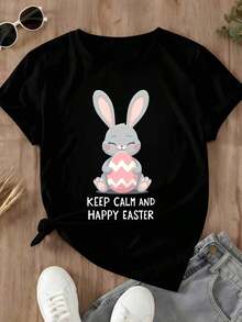 Camiseta de Mujer con Estampado de Conejo de Pascua Sosteniendo un Huevo, Diseño de Animal de Dibujos Animados, Regalo para las Fiestas de Primavera, Estilo Vintage Urbano, Unisex, de Algodón, Manga Corta, Cuello Redondo, 100% Algodón - Negro - Ver 4