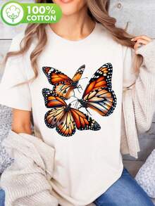 Camiseta de algodón puro para mujer, de manga corta y cuello redondo, estilo casual para verano y primavera, con estampado de mariposa monarca. - Blanco - Ver 2
