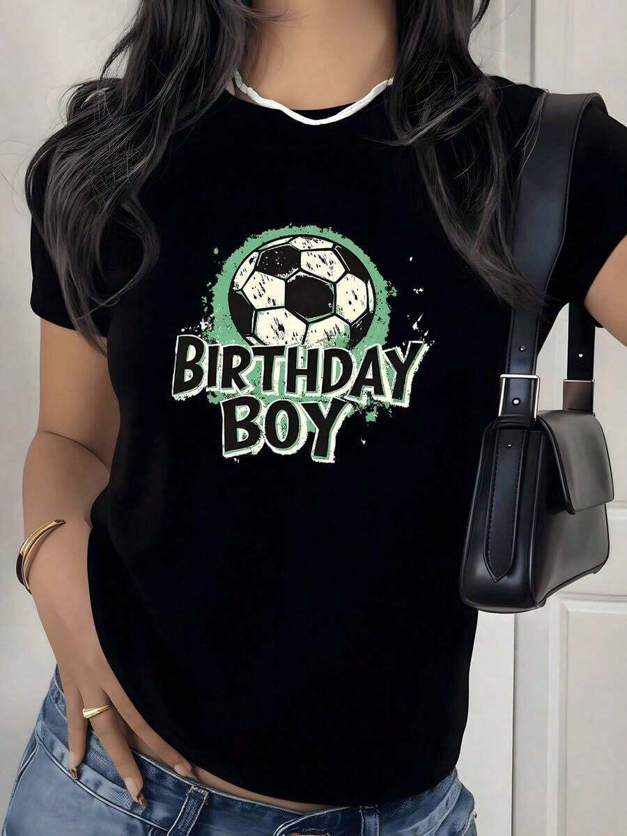 Camiseta con Estampado Gráfico de Fútbol para Cumpleaños, 180g, 1 Pieza, Camiseta Casual de Algodón 100% para Mujer, Estilo Deportivo para Vacaciones de Verano - Negro - Ver 1