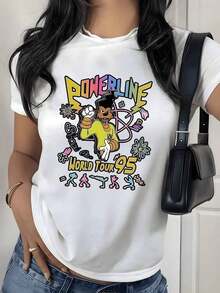 Camiseta con Estampado Gráfico de Gira Mundial de Dibujos Animados Retro, 180g, 1 Pieza, Temática Musical, Casual para Mujer, 100% Algodón, Estilo Vintage Streetwear - Blanco - Ver 9