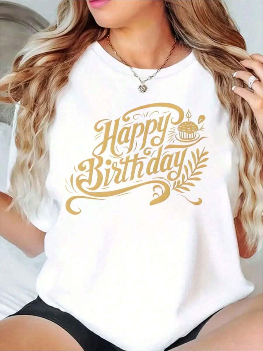 Camiseta de Celebración de Cumpleaños con Elegante Escritura y Diseño de Cupcakes, Perfecta para Fiestas de Cumpleaños y Eventos Festivos - Estilo Urbano Vintage, Unisex, de Algodón, Manga Corta, Cuello Redondo, 100% Algodón - Blanco - Ver 1