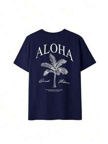 Women's Short-Sleeved T-Shirt With A Round Neck And Palm Print, A Casual And Modern Style, Ideal For Summer, Your Everyday Essential. Printed T-Shirt, White Top For Women, Top, Pink Top, Holiday Set, 100% Cotton - 藏蓝色 - 查看 4