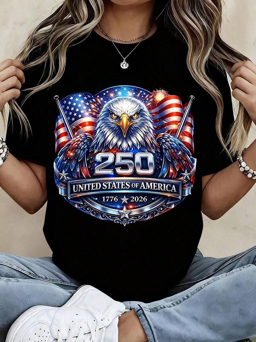 250th Independence Day T-Shirt, United States Of America 1776-2026, Patriotic Flag Design For Celebration Events And National Holidays, Women's T-Shirts - 黑色 - 查看 1