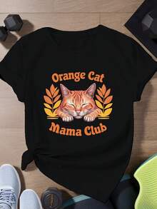 Camiseta deportiva de manga corta de talla para mujer del club de mamás de gatos naranjas. - Negro - Ver 1