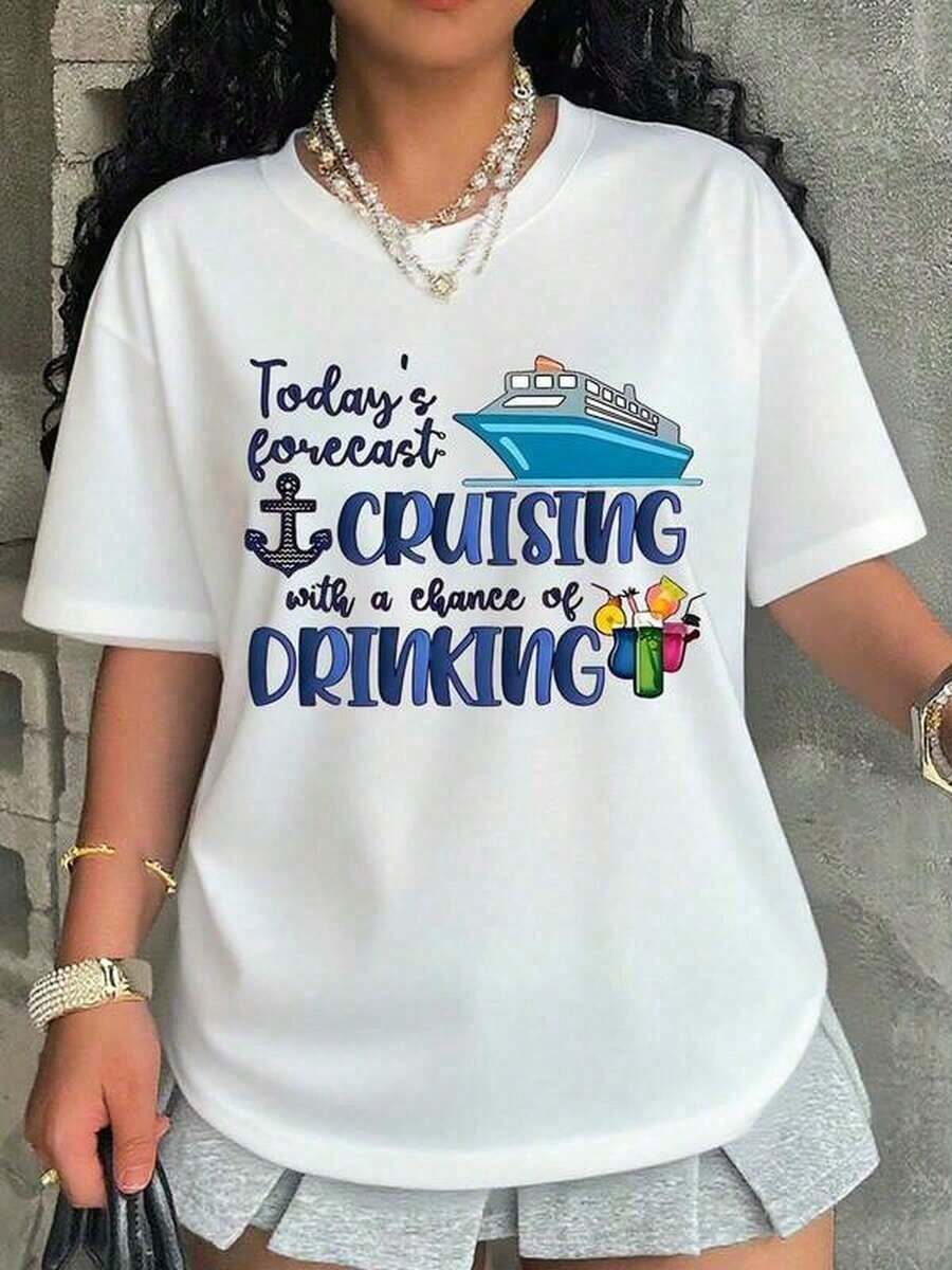 Camiseta de Algodón Estilo Vintage con Estampado de Lema de Lisboa - Divertida Camiseta Blanca para Mujer - Manga Corta, Corte Ajustado, Diseño Casual con Gráficos - Diseño Divertido con la Frase 'El Pronóstico de Hoy: PASEO EN BARCO con Posibilidad de BEBER' en Azul Intenso con Ilustraciones de Barcos de Crucero y Bebidas. |   Perfecto para salidas de verano y uso casual, solo una prenda de vestir para el día a día en verano. - Blanco - Ver 1