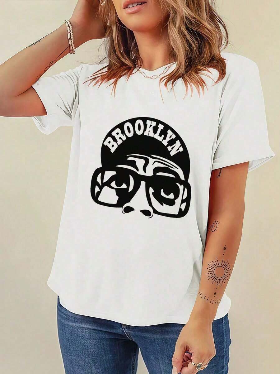 Camiseta Casual de Algodón Grueso de 180g para Mujer Payeah, Estilo Urbano Hip Hop, 100% Algodón con Estampado Digital (1 Pieza) - Blanco - Ver 1