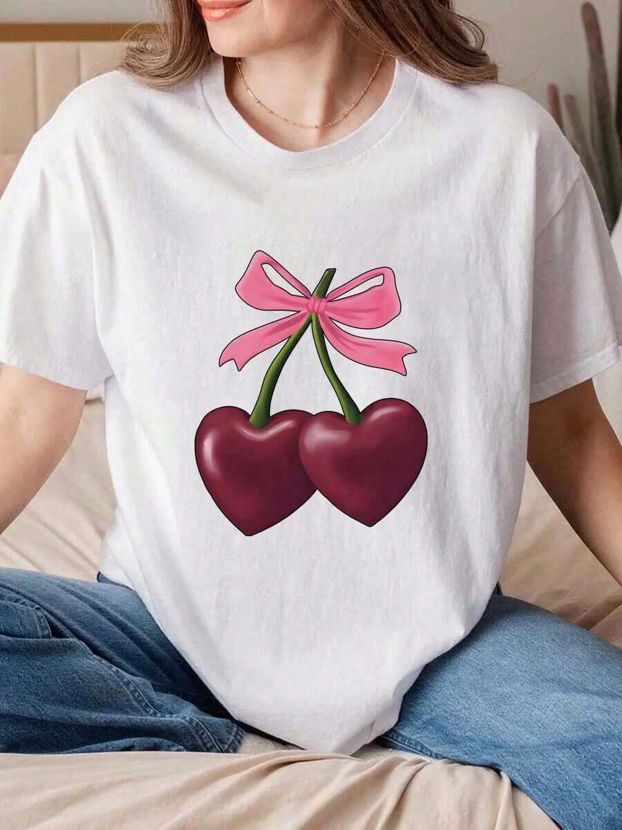 100% algodón, camiseta de mujer unisex con estampado de cerezas en forma de corazón y lazo rosa, cuello redondo, para el Día de San Valentín, fiestas de cumpleaños, uso diario, ropa casual, - Blanco - Ver 1