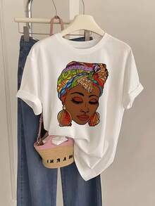 Camiseta de Algodón Estampada con Motivos de Cultura Africana para Mujer, Patrón de Pañuelo y Pendientes Grandes, Top Casual de Verano para Fiesta - Blanco - Ver 1