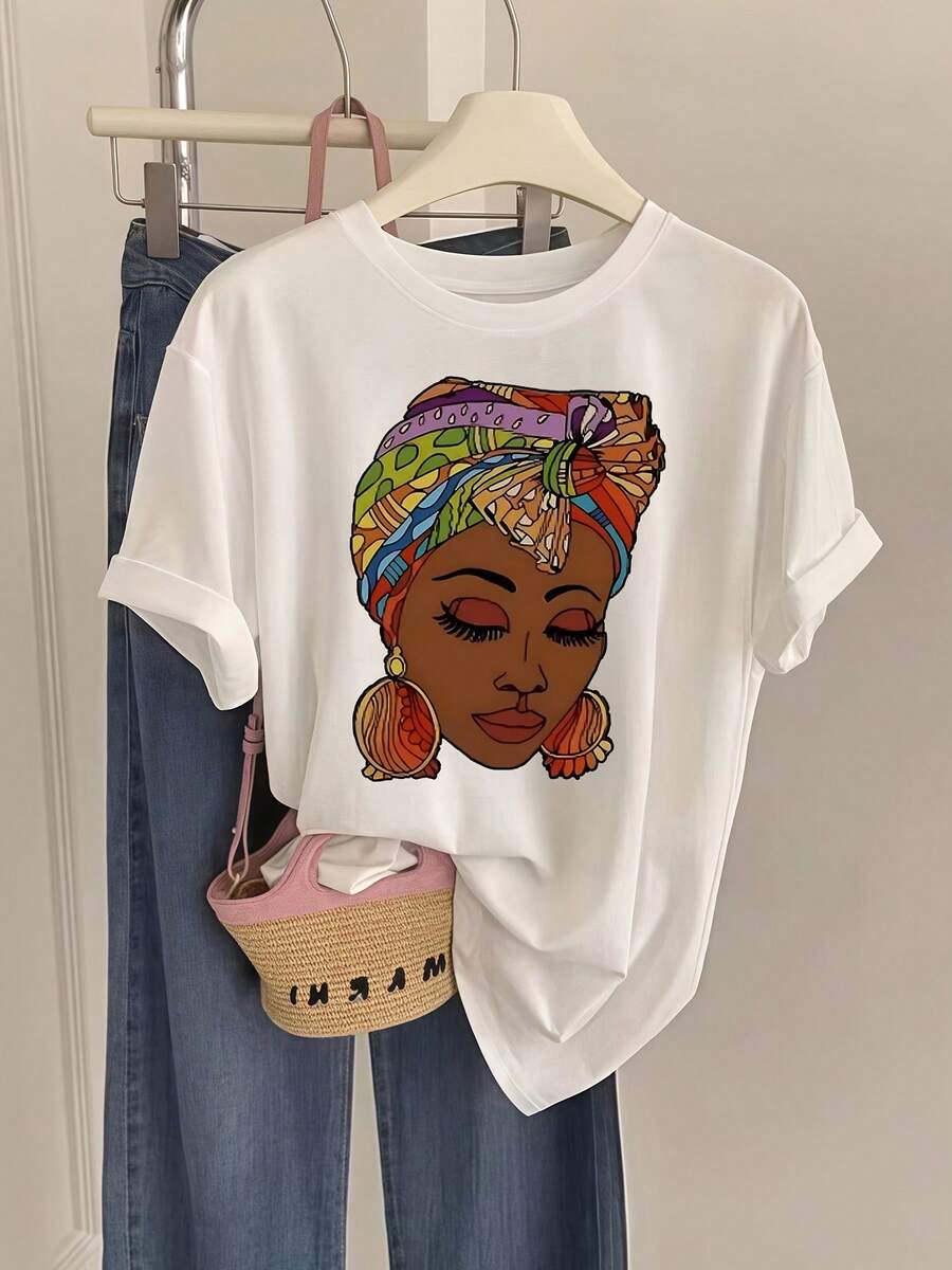 Camiseta de Algodón Estampada con Motivos de Cultura Africana para Mujer, Patrón de Pañuelo y Pendientes Grandes, Top Casual de Verano para Fiesta - Blanco - Ver 1