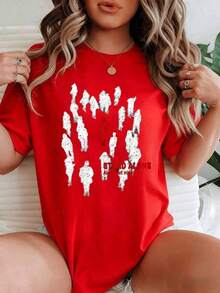 playeras de mujer algodon Camiseta de algodón 100% informal de Wo's con un diseño gráfico de peso pesado que muestra una figura roja entre siluetas blancas, simbolizando individualidad y fuerza. Idea de regalo. >ropa - Rojo - Ver 1