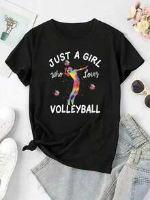 Camiseta Deportiva Casual para Mujer con Estampado Creativo de Chica Jugando Voleibol, Cuello Redondo, Manga Corta, Top Cómodo de Verano para Vacaciones - Negro - Ver 2