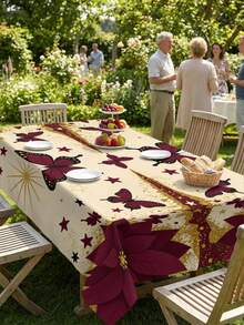 1/2pcs Tablecloth, Vintage Red & Gold Floral Butterfly Pattern Tablecloth, Polyester Material, Suitable For Kitchen, Dining Room, Coffee Table, Picnic, Camping, Countryside Decor, Square Or Round Shape, Holiday Atmosphere Table Decor - Multicolor - View 6