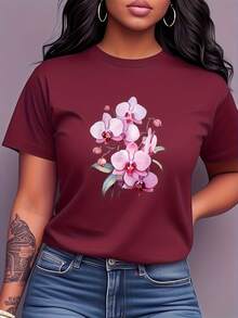 T-Shirt With A Pink Orchid Print, Short Sleeves, And A Round Neck. Women's Clothing, Fresh And Elegant Style, Versatile And Casual, Suitable For Everyday Wear, Parties, Dates, And As A Birthday Gift. MG3E - 酒紅色 - 查看 7