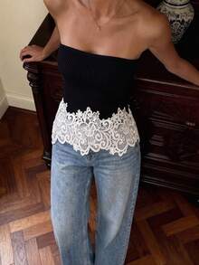 2026 Summer New Women's Elegant Knit Top, Solid Color Bandeau With Lace Patchwork Black - Black - View 2