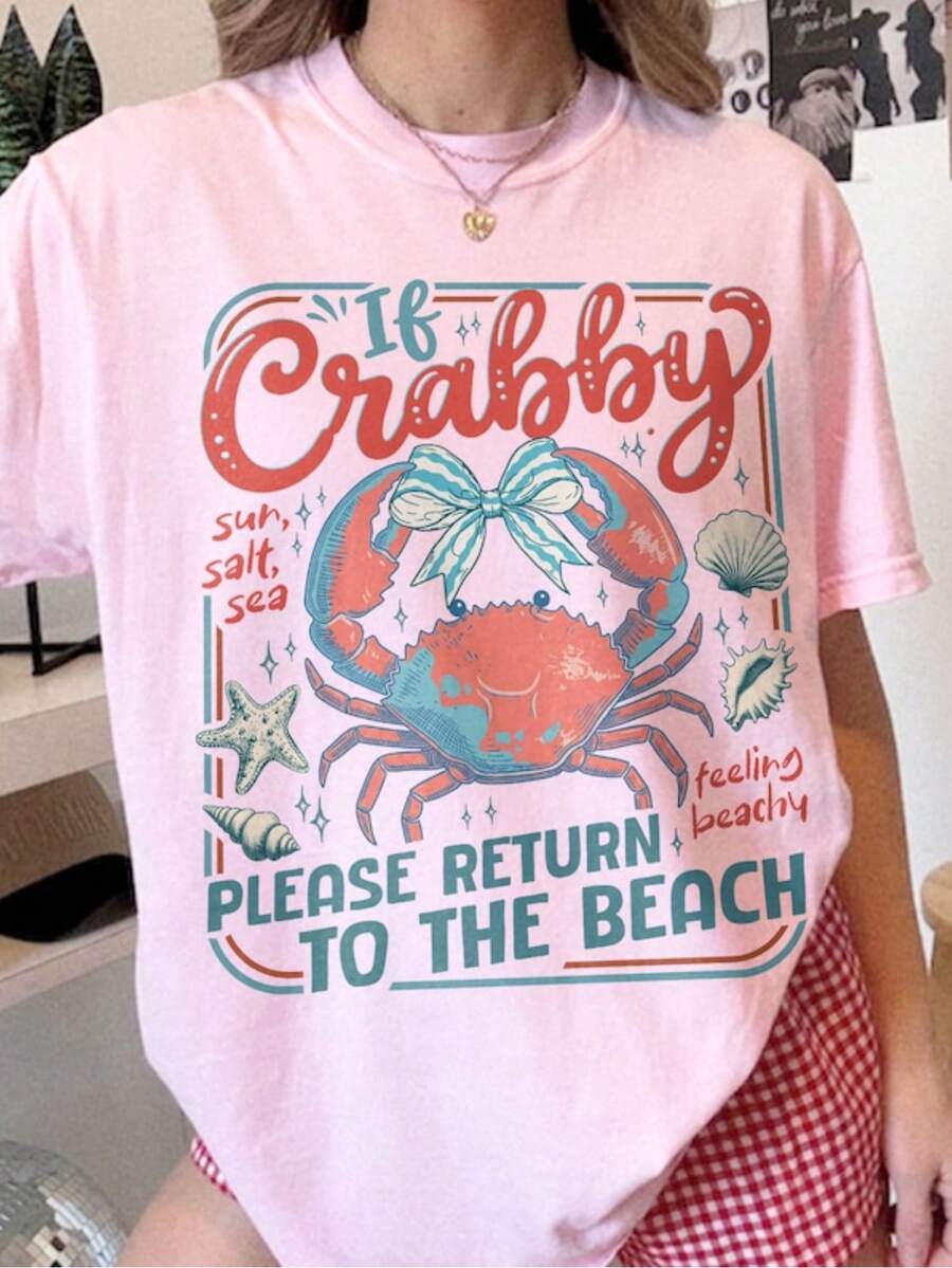 Si Crabby, por favor regresa a la playa, camiseta preppy de verano, camiseta divertida con gráfico de playa, camisetas para viajes con mejores amigas. - Rosa - Ver 1