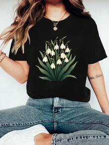 Camiseta de Mujer 100% Algodón Puro, Estilo Bohemio, con Estampado Floral Artístico, Casual, Básica, de Manga Corta, a la Moda. Camiseta de Mujer con Patrón Vintage Bohemio, 100% Algodón, Suave, Transpirable, Cuello Redondo, Manga Corta, Estilo Boho Urbano. - Negro - Ver 7