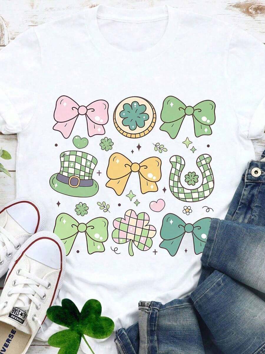 ModernTeacher St. Patrick's Day T-Shirt, Lucky Teacher T-Shirt, T-Shirt With Bows And Shamrocks, Casual Crew Neck T-Shirt For Women, Casual Wear - 白色 - 查看 1
