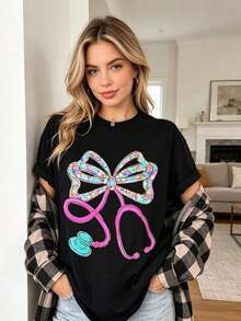 Camiseta de Enfermera con Estampado Floral Preppy y Lazo, Camisetas de Enfermera RN, Camisetas con Diseño de Enfermera, Blusas Florales Preppy para Enfermeras.Transpirable y cómoda. - Negro - Ver 4