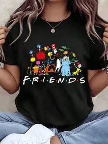 ropa de mujer Camiseta de mujer con estampado de personajes de "Cat In The Hat" y "Friends", cuello redondo, estilo casual de verano, regalo, camisas de mujer - Negro - Ver 6