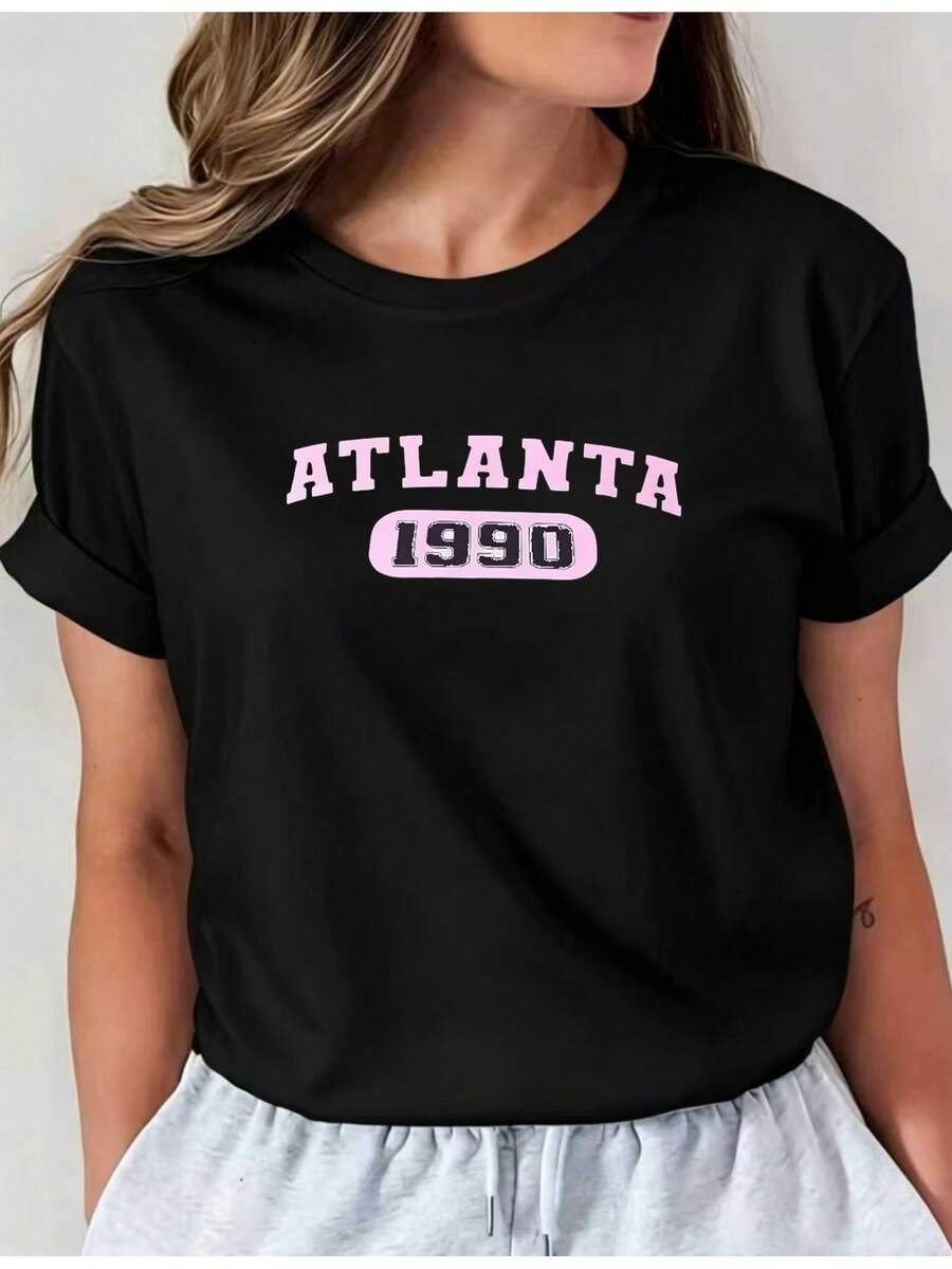 Women's Short-Sleeved T-Shirt With A Round Neck And Letter Print, Casual Spring/Summer Style, Model 22pixianai01, Fashionable Top, Casual Round Neck Shirt, Comfortable Women's Clothing. Comfortable And Versatile Short-Sleeved T-Shirt. - 黑色 - 查看 1