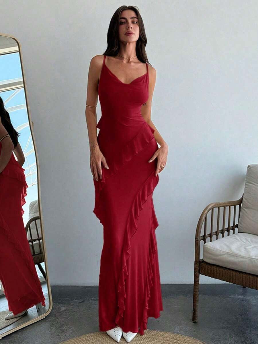xheAloruh Vestido ceñido con tirantes finos, cuello drapeado y volantes para una cita romántica, para mujer. Vestidos de primavera/verano, regalo del Día de San Valentín, cita nocturna de San Valentín, "Sé mi Valentín", propuestaxhe