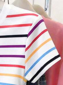 Camiseta de manga corta con pliegues y rayas, casual de verano para mujer - Multicolor - Ver 4