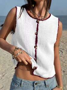 Blusa de punto sin mangas con ribete de bloques de color para vacaciones en la playa de mujer - Blanco - Ver 1