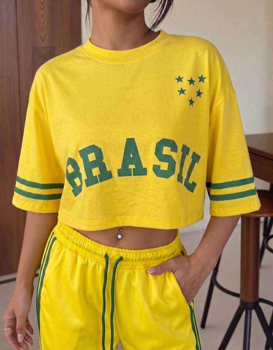 Cropped T-Shirt, Oversized, Brazil Print, Round Neck, Short Sleeves, World Cup Fan Theme 2026 - 黃/綠 - 查看 1