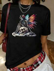1 pieza de camiseta con estampado de hadas y calaveras, manga corta, cuello redondo, top casual para verano y primavera, ropa de mujer, 180g, 100% algodón. - Blanco - Ver 7